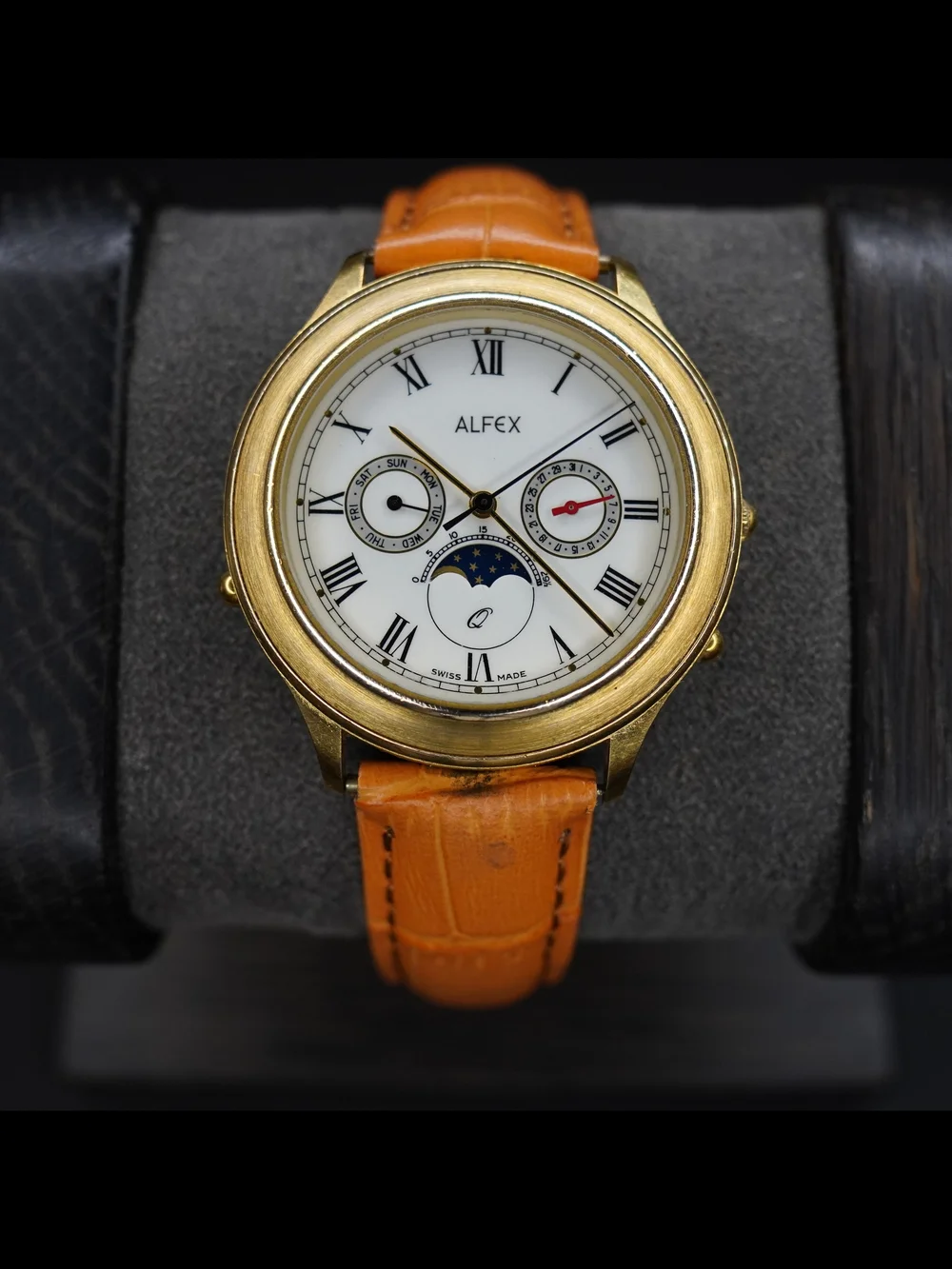 Alfex 4541 Swiss Made Moonphase Triple Calendar White Dial Gold Tone Men's Watch